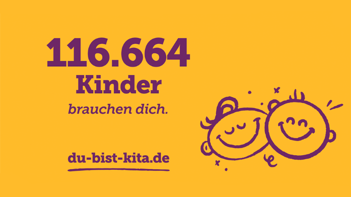 Werbegrafik mit dem Text „116.664 Kinder brauchen dich.“ Dazu eine Illustration von zwei fröhlichen Kinderköpfen, die sich aneinanderlehnen. Darunter die Website „du-bist-kita.de“.