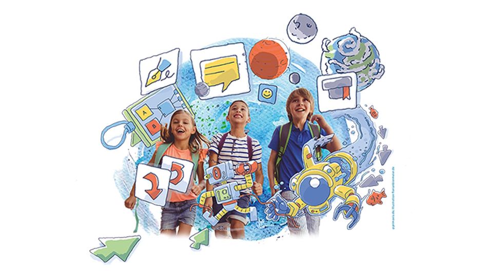 Digitale Schule MV Kinder umgeben von verschiedenen Symbolen und Objekten der Digitalisierung, die ihre Kreativität und Neugier widerspiegeln.