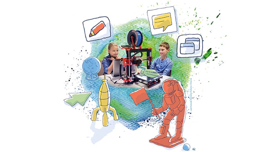 Digitale Schule MV Illustration eines Mädchen und eines Jungen, das an einem 3D-Drucker arbeitet, um ein kreatives Projekt zu realisieren.