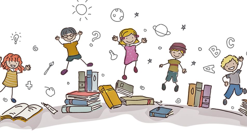 Fröhliche, gezeichnete Kinder springen über Bücherstapel, umgeben von Symbolen wie Noten, Buchstaben und Planeten. Fröhliche, gezeichnete Kinder springen über Bücherstapel, umgeben von Symbolen wie Noten, Buchstaben und Planeten.