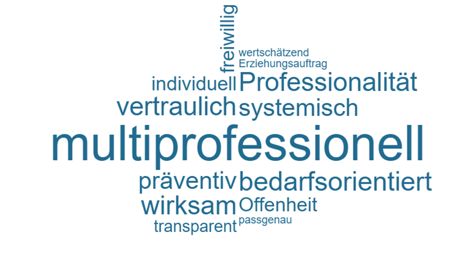Wortwolke Wortwolke, die verschiedene Berufe und Fachrichtungen in einem multiprofessionellen Kontext darstellt.