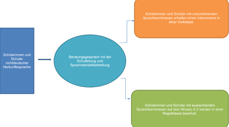 Ein Flussdiagramm zur Schulaufnahme von Schülerinnen und Schülern nichtdeutscher Herkunftssprache. Es zeigt den Ablauf: Nach einem Beratungsgespräch mit der Schulleitung und Sprachstandsfeststellung werden Schüler mit unzureichenden Sprachkenntnissen in eine Vorklasse aufgenommen, während Schüler mit ausreichenden Sprachkenntnissen (Niveau A2) in eine Regelklasse kommen. Ein Flussdiagramm zur Schulaufnahme von Schülerinnen und Schülern nichtdeutscher Herkunftssprache. Es zeigt den Ablauf: Nach einem Beratungsgespräch mit der Schulleitung und Sprachstandsfeststellung werden Schüler mit unzureichenden Sprachkenntnissen in eine Vorklasse aufgenommen, während Schüler mit ausreichenden Sprachkenntnissen (Niveau A2) in eine Regelklasse kommen.