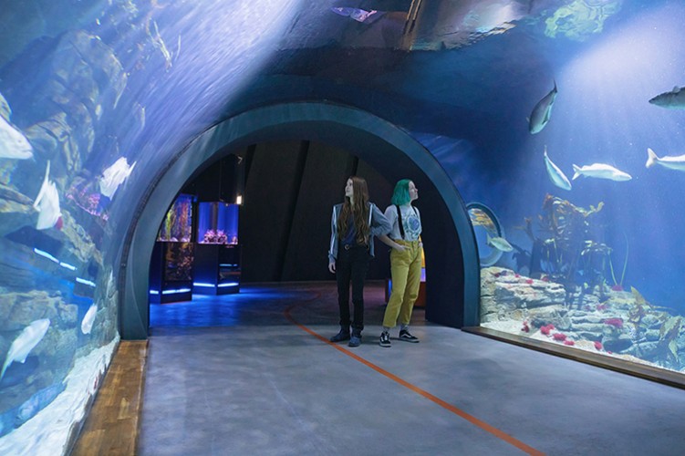(05) Zwei Museumsgäste im Helgoland-Tunnel im OZEANEUM