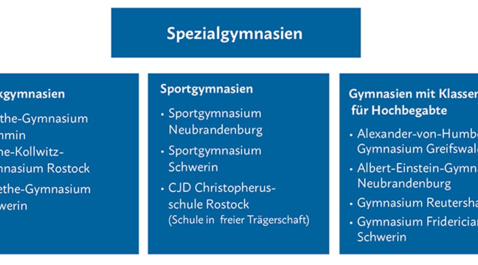 In Mecklenburg-Vorpommern gibt es verschiedene Arten der Spezialgymnasien. Grafik zu Spezialgymnasien in MV.