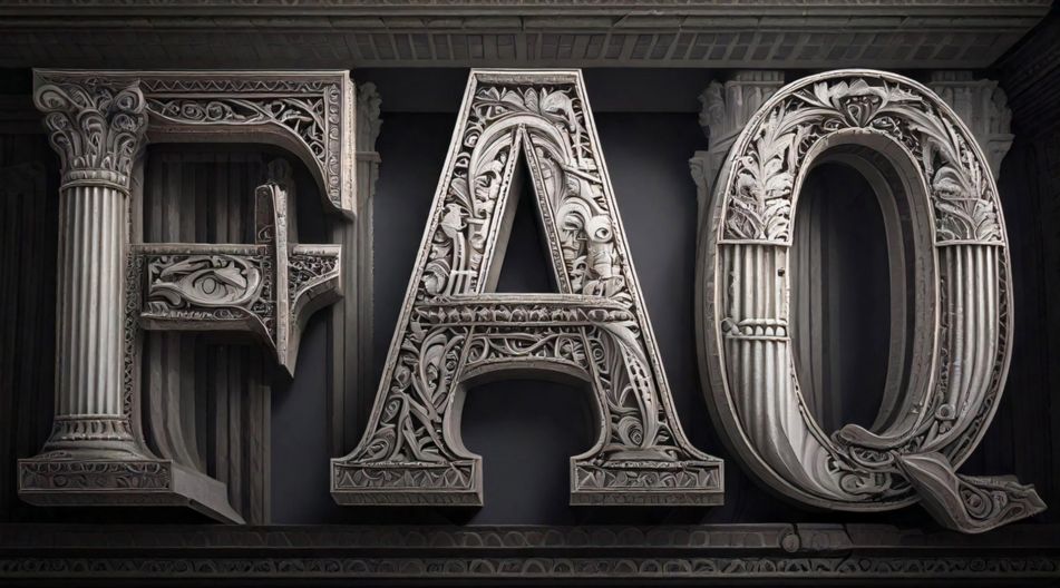 Dekorative, große Buchstaben "FAQ", gestaltet im Stil antiker Säulen und Ornamente, die an klassische Architektur erinnern. Dekorative, große Buchstaben "FAQ", gestaltet im Stil antiker Säulen und Ornamente, die an klassische Architektur erinnern.