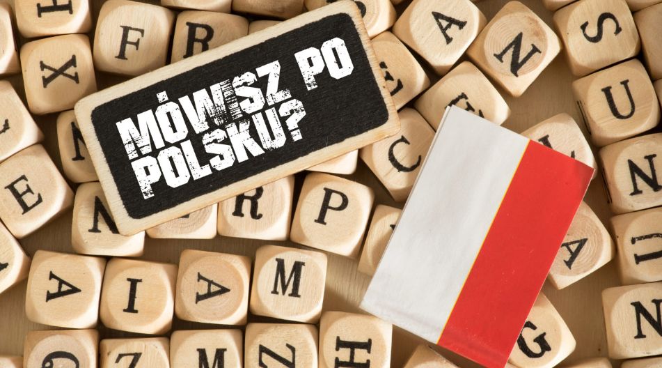 Holzklötze mit Buchstaben, ein Schild mit der Aufschrift "Mówisz po polsku?" und eine kleine polnische Flagge. Holzklötze mit Buchstaben, ein Schild mit der Aufschrift "Mówisz po polsku?" und eine kleine polnische Flagge.